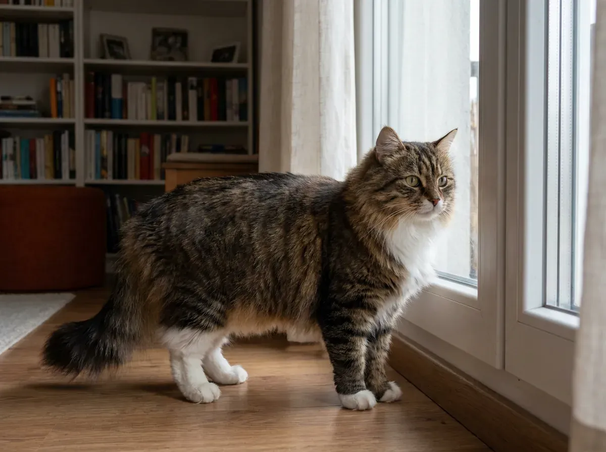 Older cat sniffing wet food beside a bowl of water
